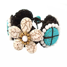 White-Blue Blossom Turquoise Floral Stone Cotton Rope Bracelet - £10.42 GBP