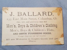 Victorian Trade Card 1890s J Ballard Clothing Hats Caps Columbus Ohio - £7.75 GBP