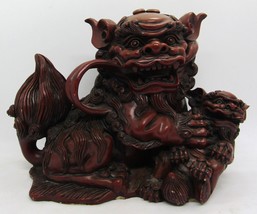 Vintage Large Brown-Crimson Heavy Resin Foo Dog Palace Lion with Young - £76.66 GBP