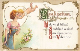 Beautiful Victorian Lady-Cherub Cupid Kiss-Realization~1912 VALENTINE Postcard - £8.02 GBP