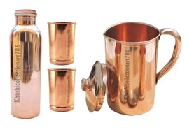 Pure Copper Water Pitcher Jug Smooth 1500ML Plain Bottle Tumbler Glass Set Of 4 - £40.89 GBP