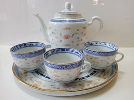 5 Pc Chinese Rice Wear Porcelain Teapot Cups Tray Jingdezhen Chinese Dragon   - £130.35 GBP