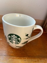 Starbucks White w Green Juniper Branches & Christmas Lights Ceramic Coffee Cup - $11.29