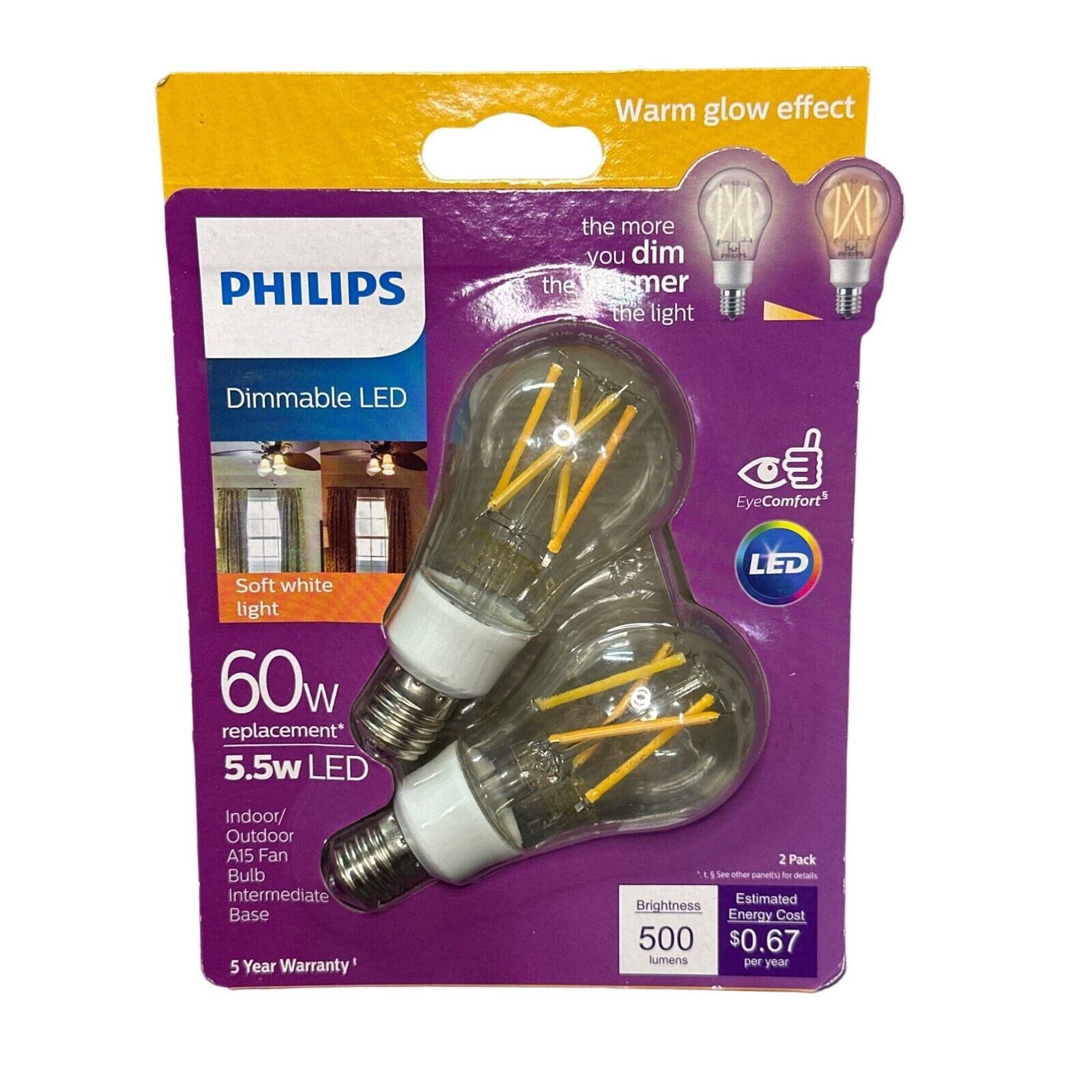 Primary image for Phillips 2pk Dimmable 60w LED Bulb, Indoor/Outdoor A15 Fan Light to Warm
