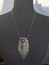 Gunmetal Fringe Statement Necklace w/ Black Stone - Art Deco Inspired 18 Inch - £26.28 GBP