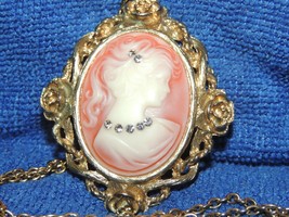 Cameo Intaglio pendant necklace 31&quot; chain Vintage gold tone rhinestone p... - £5.65 GBP