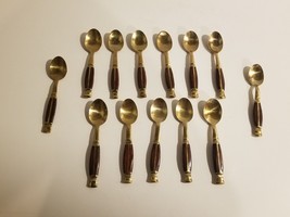 13 Vintage Demitasse Tea Spoons Brass Teak Inlaid Wood Thailand - 4.75 inches - $18.54