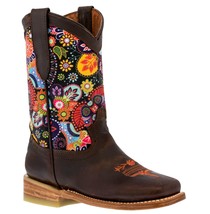 Kids Western Boots Paisley Flowers Cowgirl Brown Square Toe Botas - £41.27 GBP