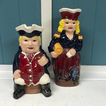 VINTAGE Ceramic colonial couple water/drink  8-12” PITCHERS hand painted - £60.14 GBP