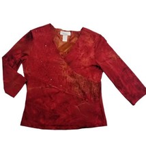 Vintage V Neck Top Women M Red Reverse Tie Dye 3/4 Sleeve Stretch Sequin... - £22.40 GBP