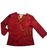 Vintage V Neck Top Women M Red Reverse Tie Dye 3/4 Sleeve Stretch Sequin... - $28.49