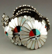 Vintage Old Pawn Zuni CONCHO BELT Sterling Silver Multi-Gems Inlay Sunface Links - £1,703.00 GBP