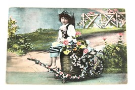 Vintage Post Card Linen Little Girl in Garden Hungarian or German - $7.00