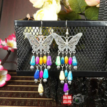 Vintage Tibetan Butterfly Plate Turquoise Colorful Beaded Dangle Earrings - $7.15