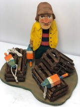 Maine Lobster Fisherman with Traps &amp; Buoys - Signed a Dated - Hand Carved Wood - £51.87 GBP