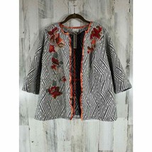 Chicos Artisan Applique Jacket Embroidered Open Front 3/4 Sleeve Size Large - £19.06 GBP