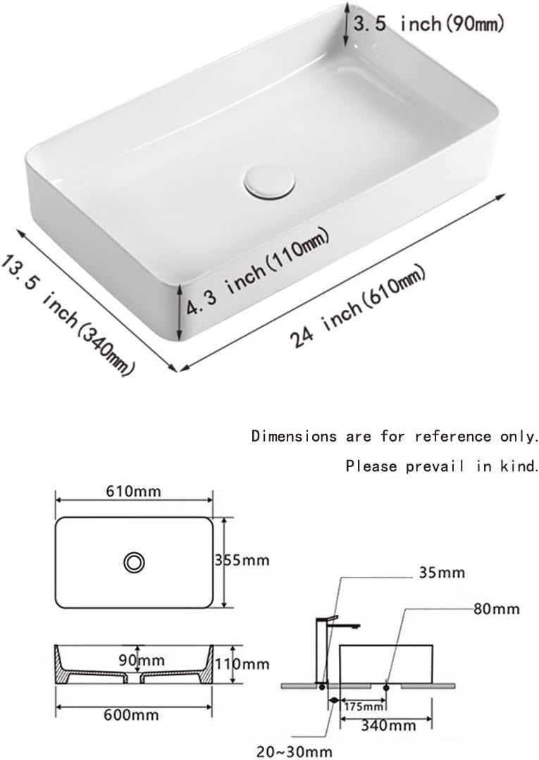 Kingwong 24 Inch Countertop Vessel Sink For Bathroom Contemporary ...