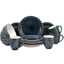 Elama Petra 16 pc Blue White Embossed Stoneware Dinnerware Set - £74.82 GBP