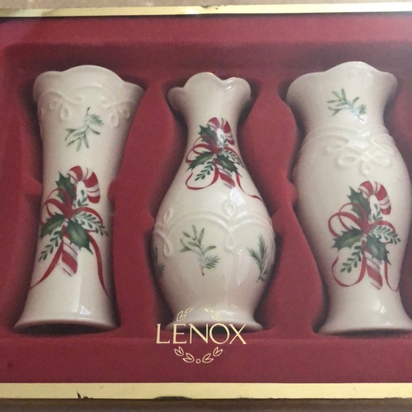Primary image for Lenox Porcelain 3 Pc Vase Gift Set Christmas Candy Cane Vases New