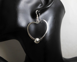 Silver Heart Hoop Earrings, Hoop Drop Earrings 53mm, Womens Valentine&#39;s Earrings - £30.84 GBP