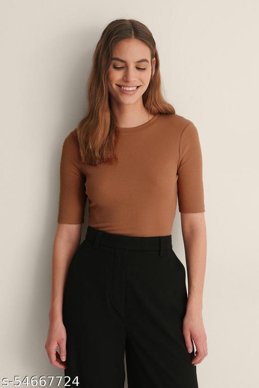 Round Neck Half Sleeve Ribbed Top for Women (BROWN) - $30.00