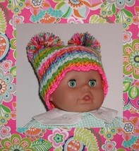 Bright Stripes Toddler Girls Hat Multi Colored Pom Poms 12-24 Month Babies Baby - £15.25 GBP