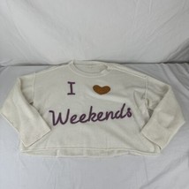 Le Lis Cream “I ❤️ Weekends” Cropped Embroidered Sweater size Large Cozy... - £21.36 GBP