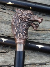 Wooden Walking Stick Cane with Antique Wolf Head&#39;s Handle Vintage Style - £55.77 GBP
