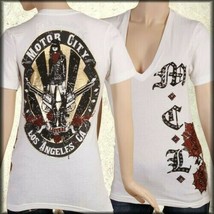 Motor City Legend Biker Guns Roses Swarovski Crystal Womens V T-Shirt White - £28.88 GBP