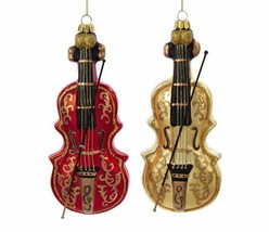 Kurt Adler Set Of 2 Hand Blown 7.5&quot; Red / Gold Glass Violin Christmas Ornaments - £21.07 GBP