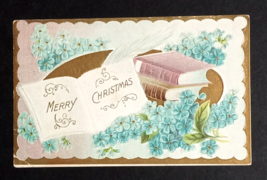 Merry Christmas Books Feather Light Blue Flowers Gold Embossed Postcard ... - £3.90 GBP