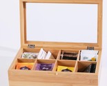 Premium Natural Bamboo Tea Box Organizer w/ Glass Lid Tea Storage 8 Comp... - $26.72