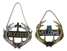 Set of 2 Rustic Western Deer Antlers Blessed And Welcome Wall Signs Orna... - $33.99