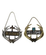 Set of 2 Rustic Western Deer Antlers Blessed And Welcome Wall Signs Orna... - $33.99