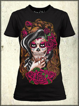 Union Souls Day Of Dead Sugar Skull Pretty Face Tattoo Womens T Shirt Black S-2X - £17.65 GBP