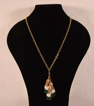 J Crew Gold Chain Green White Seed Bead Long Tassel Fringe Necklace Boho Chic - $25.74