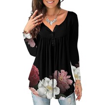 Harajuku Print Blouse Womens Round Neck Printed Buttons Long Sleeve Asymmetric H - £49.04 GBP