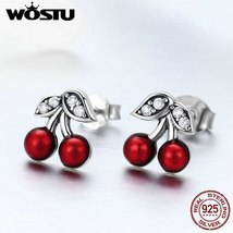 2019 Hot Fashion 925 Silver Summer Cherry Clear CZ Stud Earrings For Women Authe - £17.09 GBP