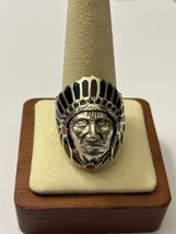 Men’s Sterling Onyx and Coral Inlay Indian Chief Head Ring Size 12.5 NEW - £37.47 GBP