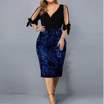 Summer  V--neck Beaded  work Sequins Pencil Dress Ladies Elegant Fashion Evening - £53.27 GBP