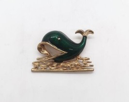 Vintage Green Enamel Whale Brooch Pin Gold Tone Filigree Waves - £10.51 GBP
