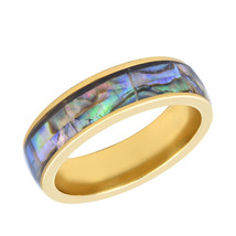 Unisex Wedding Iridescent Rainbow Abalone Pattern Brass Couple Band Ring-8 - £10.17 GBP