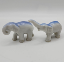 Miniature Blue &amp; Gray Porcelain Elephants - 1 Trunk Up, 1 Trunk Down - Japan - £7.67 GBP