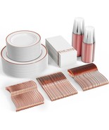 350Pcs Rose Gold Dinnerware Set For 50 Guests, Rose Gold Rimmed Plastic ... - $45.98