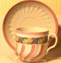 Germany 107 Pink Striped Swirl Bone China Tea Cup &amp; Saucer Floral Spray Border - £9.13 GBP