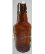 Vintage Amber Brown Fischer Glass Bottle with Porcelain Stopper &amp; Wire Bale - £14.71 GBP