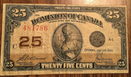 1923 Dominion Of Canada 25 Cents Bank Note - £22.78 GBP