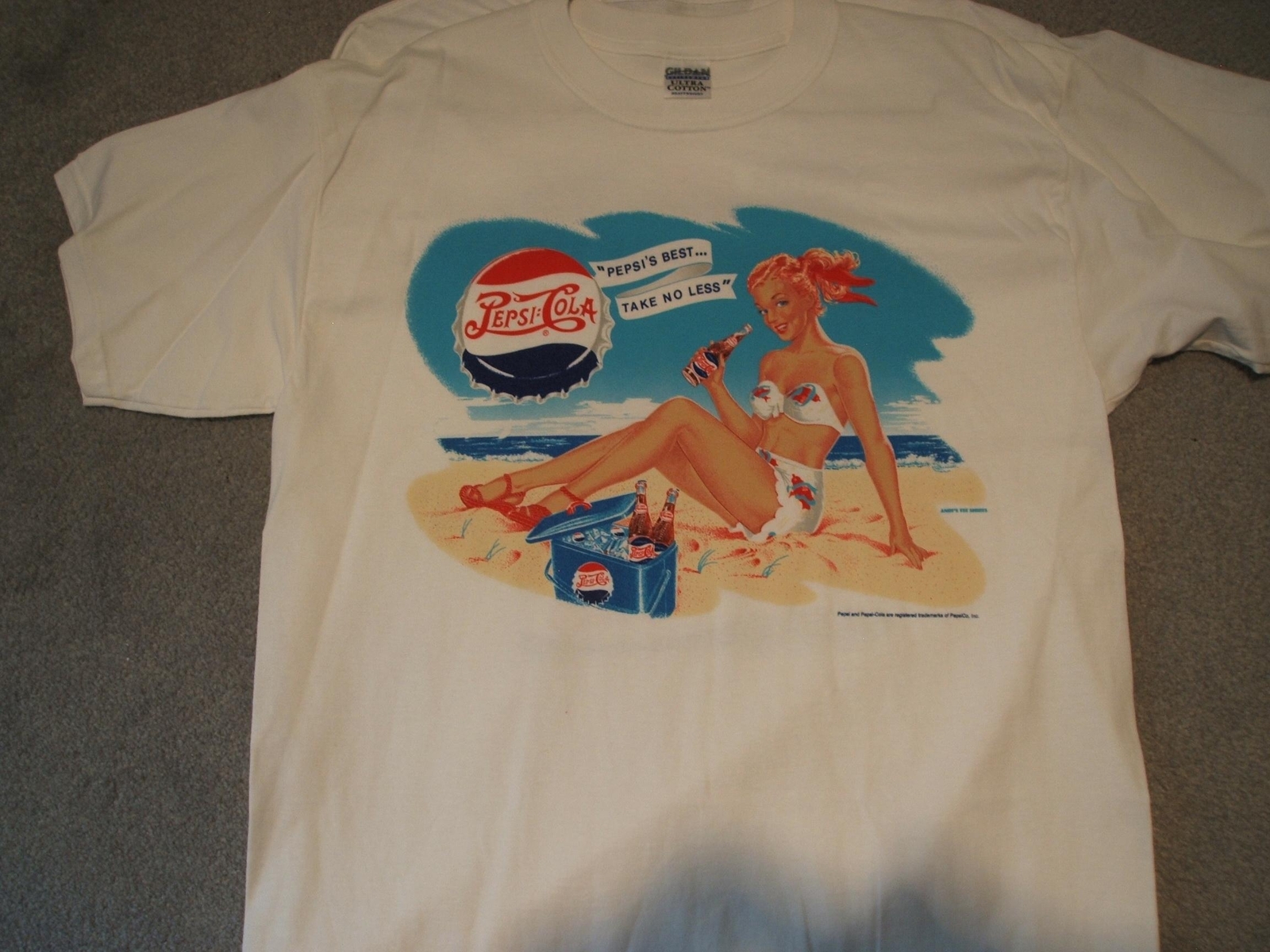 Primary image for Pepsi Cola Classic Gal on the Beach ad on a new Large (L) white tee shirt