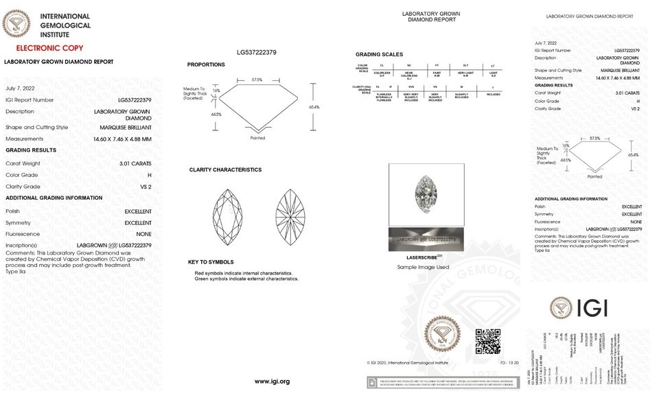 MARQUISE Cut 3.01 Cts IGI Certified Lab Grown CVD Diamond H Color VS2 Clarity Item image 2