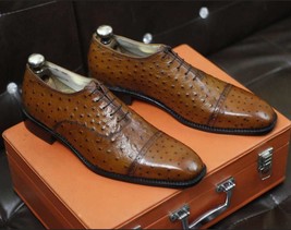 Handmade men&#39;s bespoke Tan embossed ostrich leather formal lace dress shoes - £144.66 GBP+